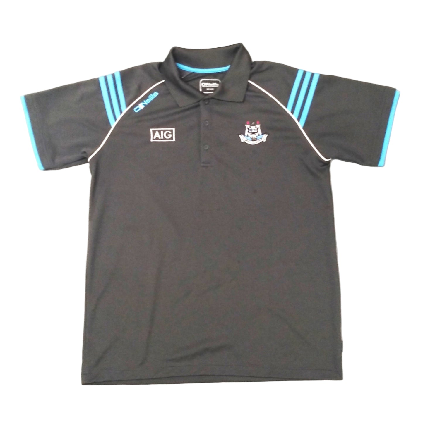 A black polo shirt with blue trim and a logo on the chest, laid flat on a surface.