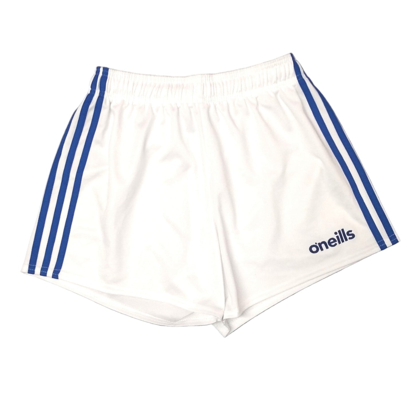 A pair of white sports shorts with blue stripes and the O'Neill brand logo on the left leg.