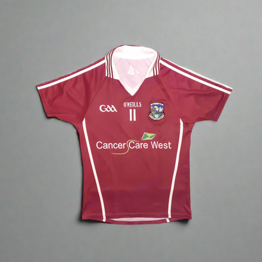 Galway GAA Short Sleeve Home Jersey 2011 / 12 O'Neills Unisex Adults Tight Fit Cancer Care West Galway Gaillimh Hurling Gaelic Football Vintage Retro SHIRTS V SKINS