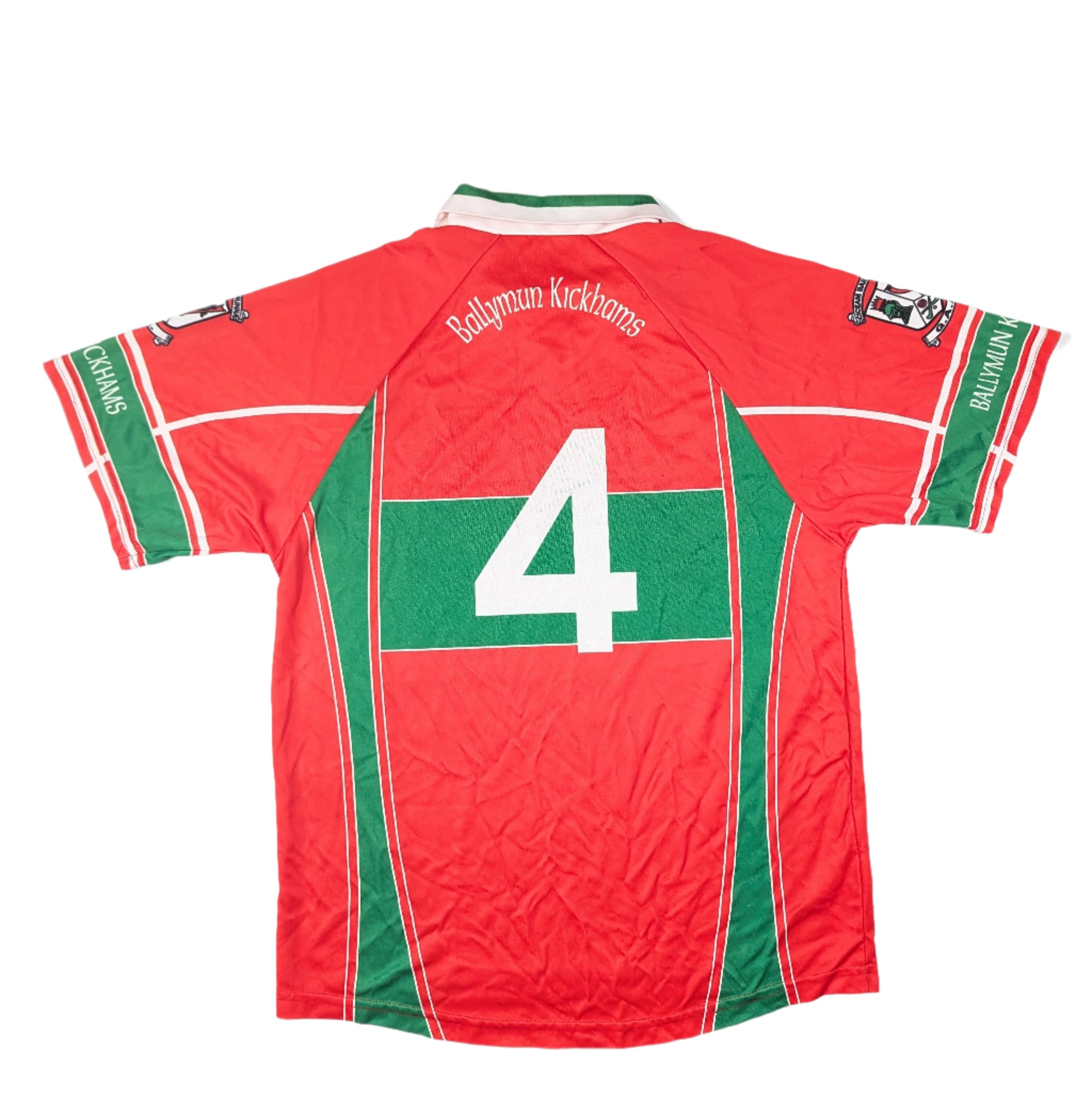 Red sports jersey with green accents and number 4 on a white background