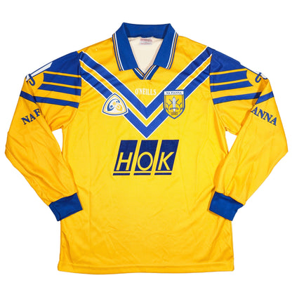 Yellow sports jersey with blue accents and logos on a white background