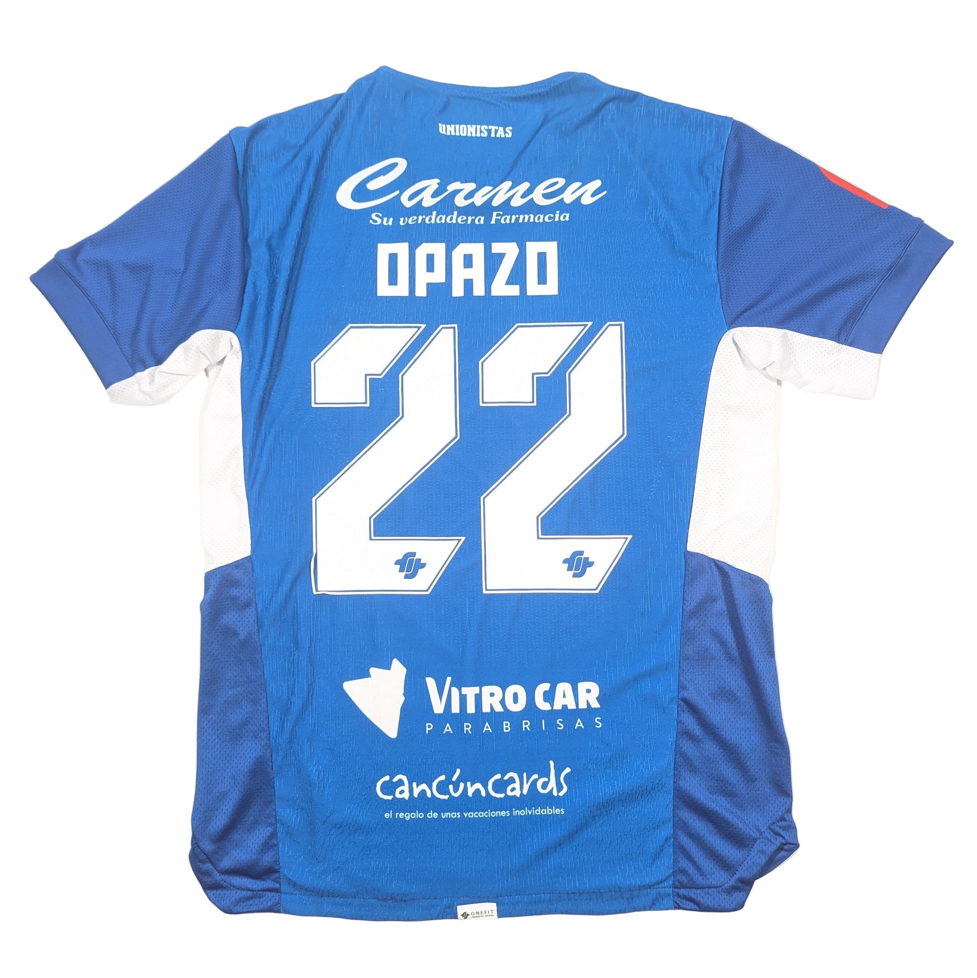 Blue sports jersey with white text and numbers on a white background