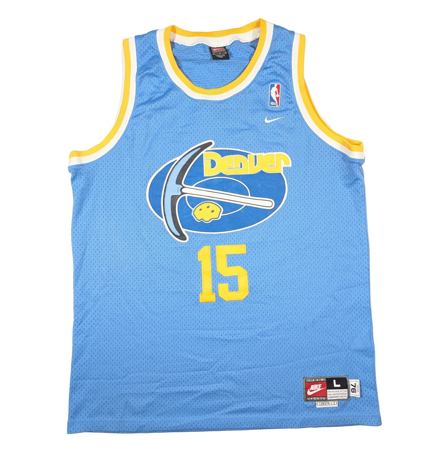 Blue basketball jersey with yellow accents and a logo on a white background